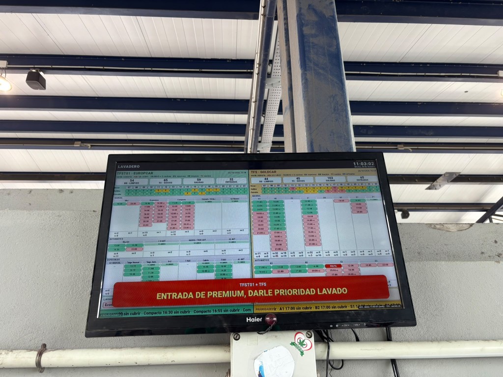 Tele Haier de 32 pulgadas colgada en el lavadero, con Europcar a la izquierda, Goldcar a la derecha y el aviso rojo abajo